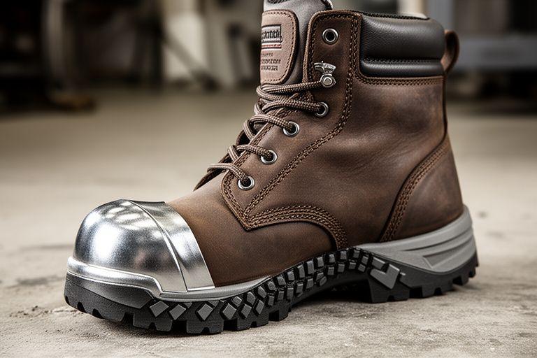Metal-reinforced work boot with steel toe and deep tread sole photographed in a workshop setting