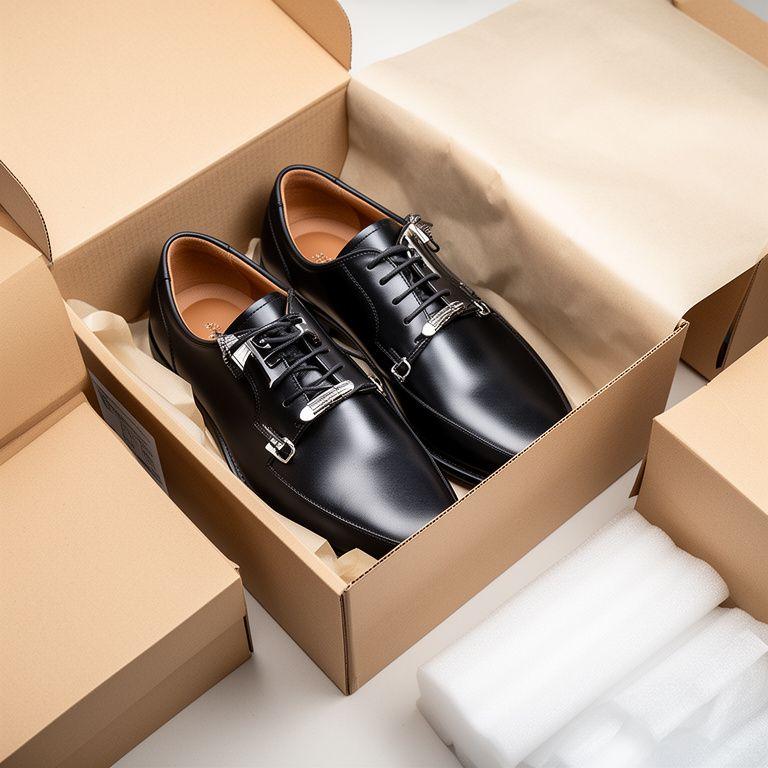 Fertige Schuhe werden sorgfältig in Kartons für den Versand verpackt