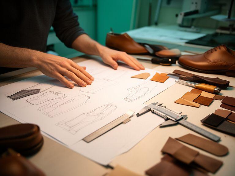 Schuhdesignerin arbeitet an einer technischen Skizze neben Werkzeugen und Materialmustern auf einer Werkbank