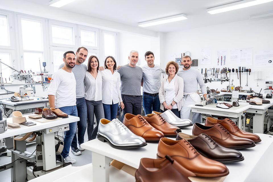 Gesamtes Team in der Werkstatt von Helvetia Forge Footwear mit fertigen Schuhpaaren und offenem, hellem Arbeitsraum