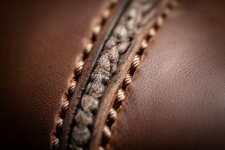 Close-up of a reinforced seam on premium leather footwear with visible stitching and texture