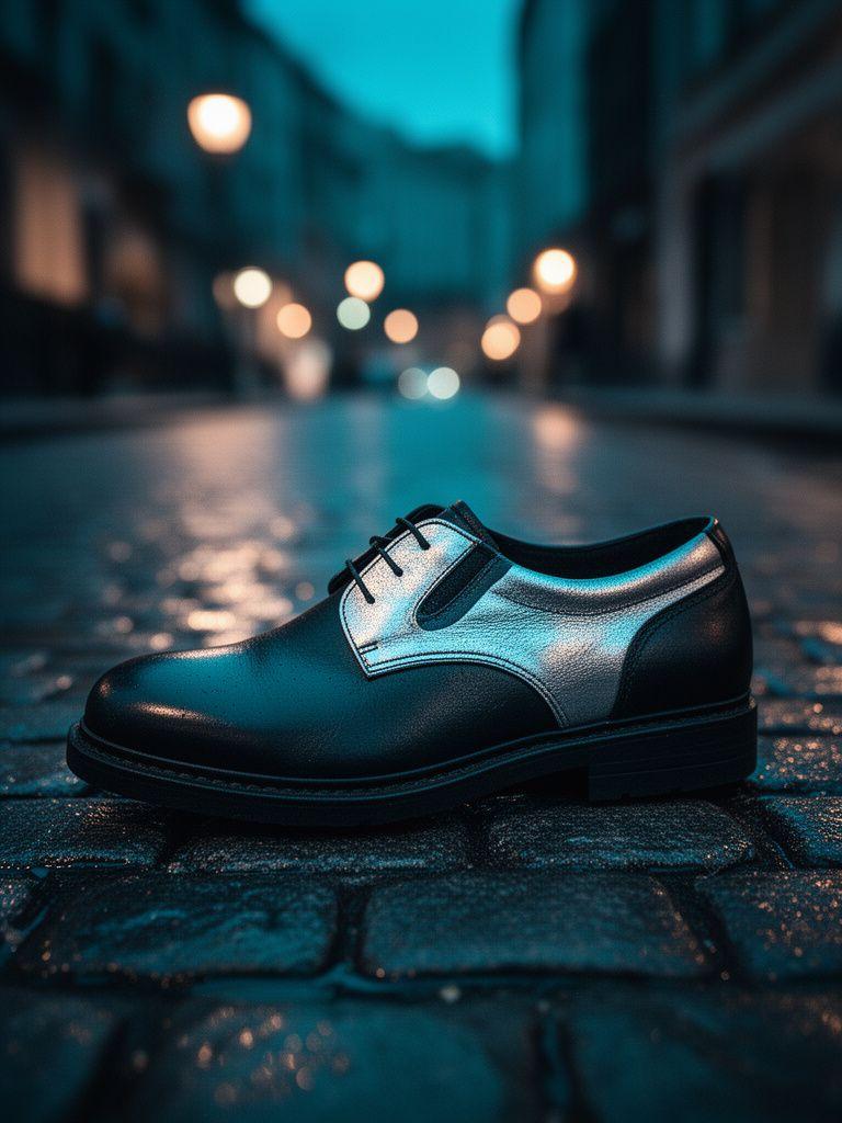 Urbaner Lederschuh mit metallischem Detail auf nassem Zürcher Pflaster im Abendlicht