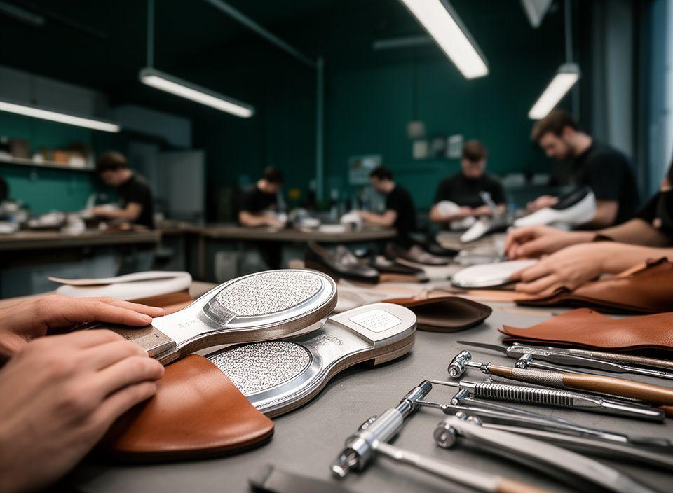 Werkstattteam in Zollikon an einer Schuhserie mit metallverstärkter Sohle und präzisen Werkzeugen