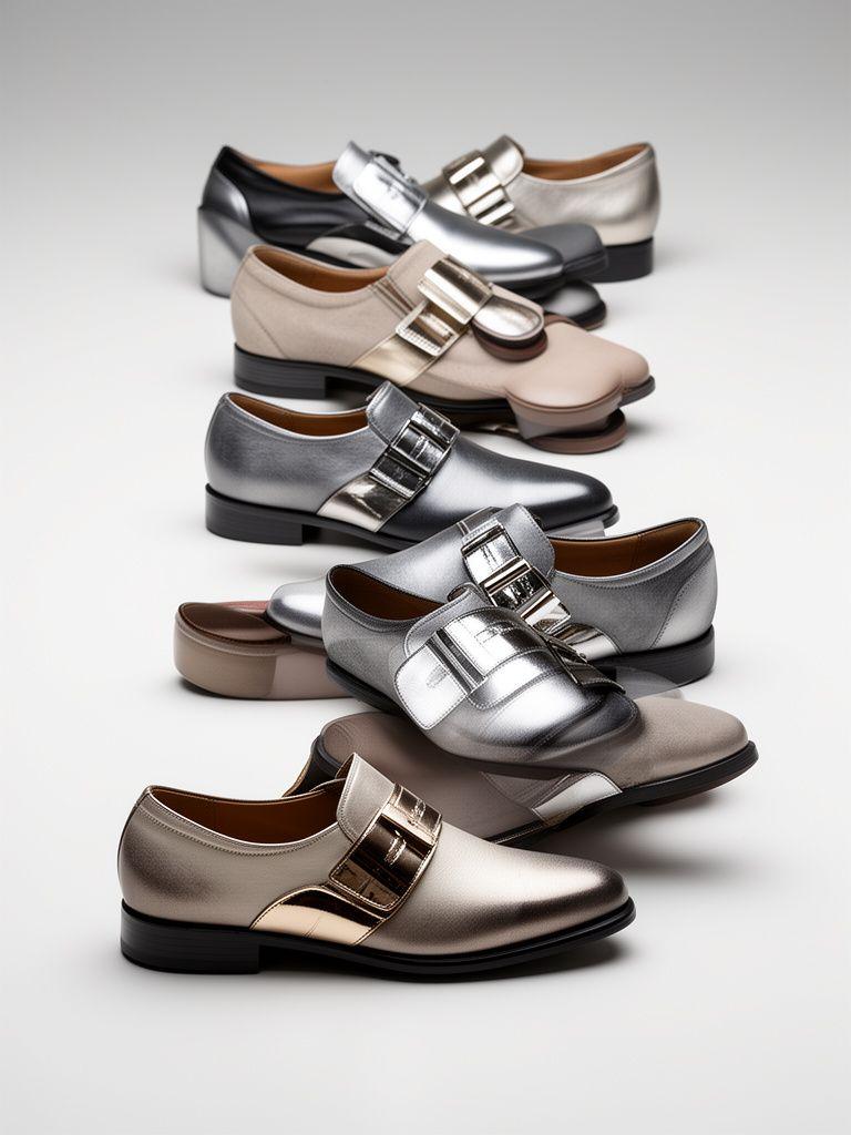 Reihe fertig produzierter Schuhe mit unterschiedlichen Metallic-Akzenten auf hellem Studiotisch