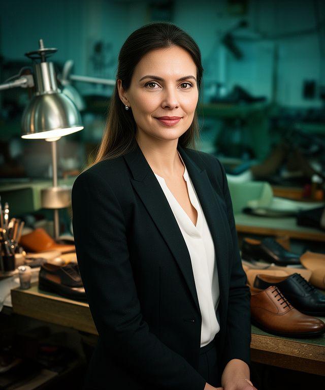 Geschäftsführerin Gaia Broggini in der Schweizer Werkstatt mit aufgeschlagenen Produktionsplänen