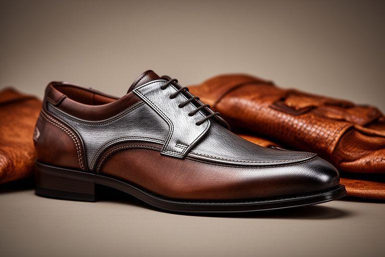 Special edition shoe with brushed metallic highlights photographed beside textured leather pieces