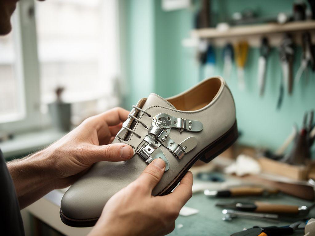 Fachkundige Schuhmacherin prüft Metallverstärkungen in einem hellen Zürcher Atelier