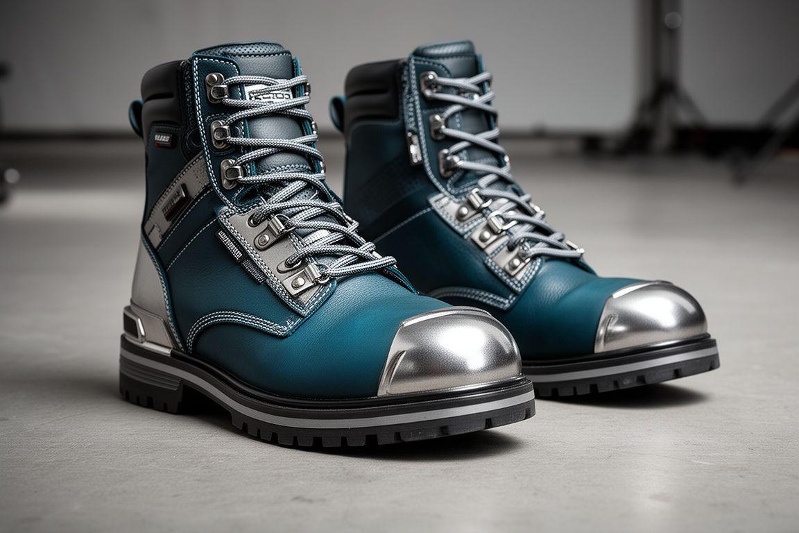 Pair of reinforced work boots and urban shoes styled on a concrete studio floor with metallic accents visible