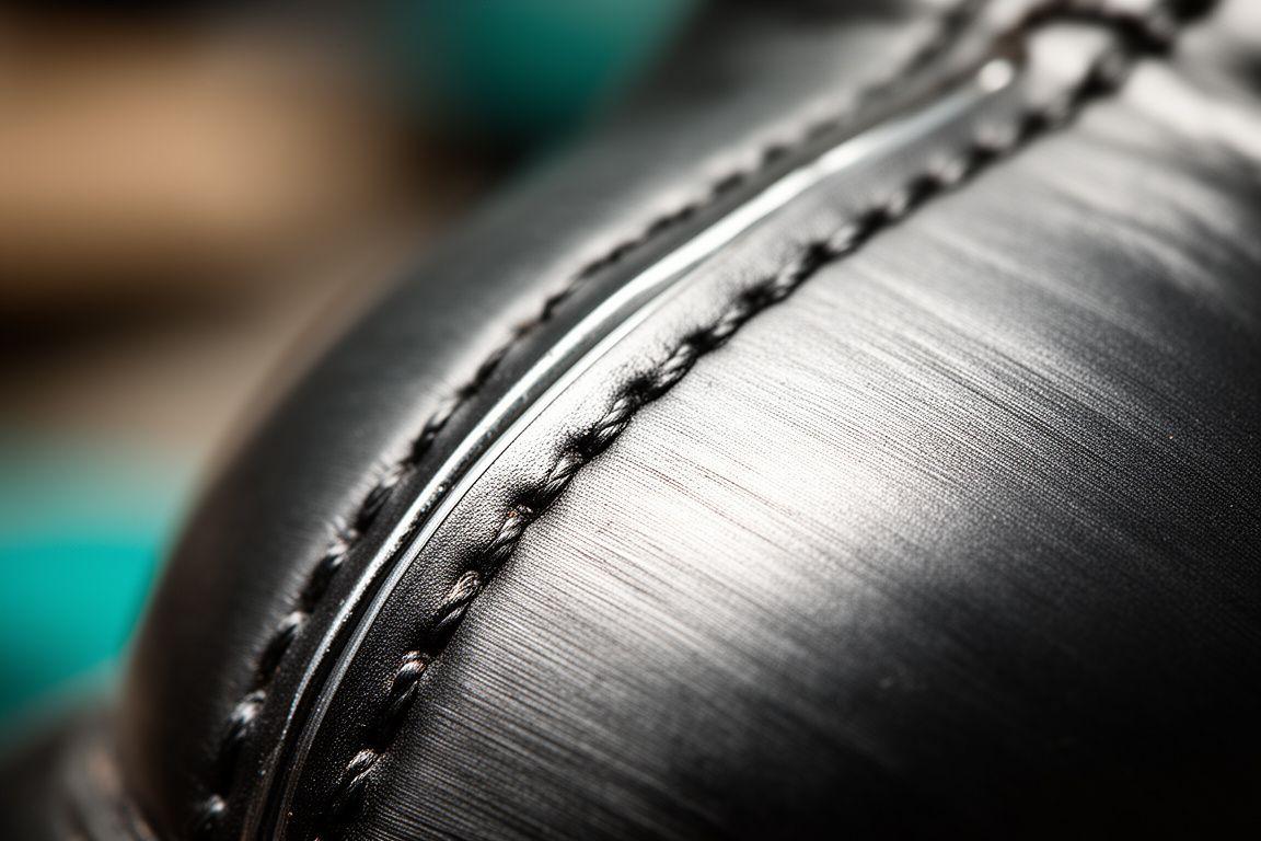Makroaufnahme einer metallverstärkten Schuhspitze mit feiner Nahtstruktur und gebürsteter Oberfläche