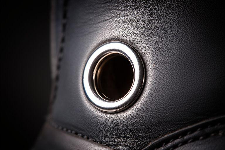 Close-up of a polished metal eyelet on a dark leather boot under studio lighting
