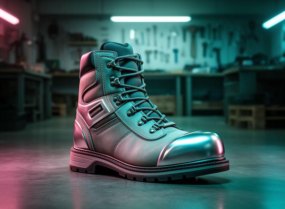 Robuster Arbeitsschuh mit metallischen Details in einer modernen Werkstatt mit farbigem Licht und sicherem Boden